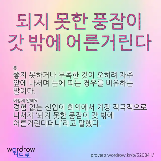 “되지 못한 풍잠이 갓 밖에 어른거린다” 글씨와 뜻·예문이 완성된 속담 영상 포스터