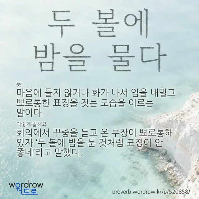 “두 볼에 밤을 물다” 글씨와 뜻·예문이 완성된 속담 영상 포스터