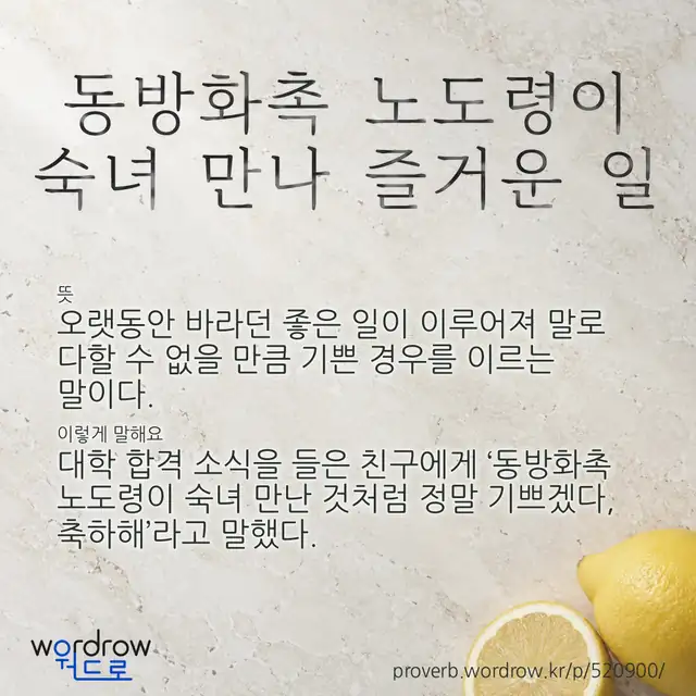 “동방화촉 노도령이 숙녀 만나 즐거운 일” 글씨와 뜻·예문이 완성된 속담 영상 포스터