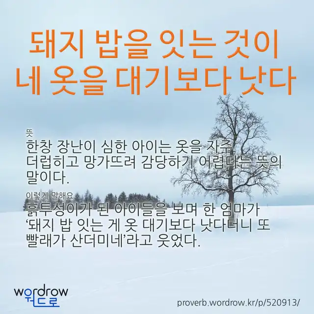 “돼지 밥을 잇는 것이 네 옷을 대기보다 낫다” 글씨와 뜻·예문이 완성된 속담 영상 포스터