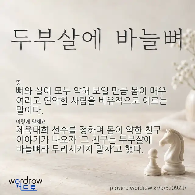 “두부살에 바늘뼈” 글씨와 뜻·예문이 완성된 속담 영상 포스터