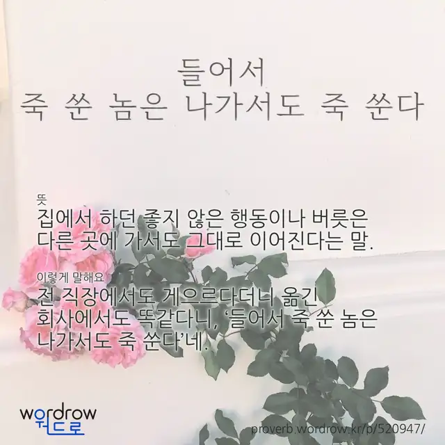 “들어서 죽 쑨 놈은 나가서도 죽 쑨다” 글씨와 뜻·예문이 완성된 속담 영상 포스터