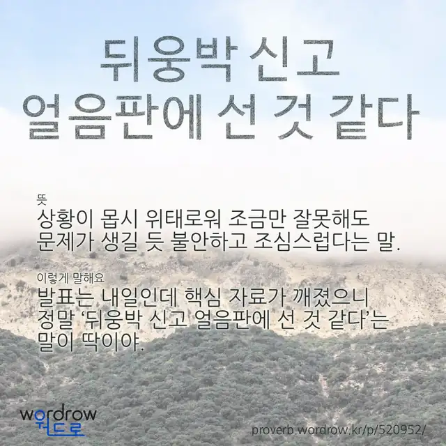 “뒤웅박 신고 얼음판에 선 것 같다” 글씨와 뜻·예문이 완성된 속담 영상 포스터