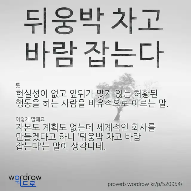 “뒤웅박 차고 바람 잡는다” 글씨와 뜻·예문이 완성된 속담 영상 포스터