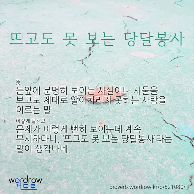 “뜨고도 못 보는 당달봉사” 글씨와 뜻·예문이 완성된 속담 영상 포스터