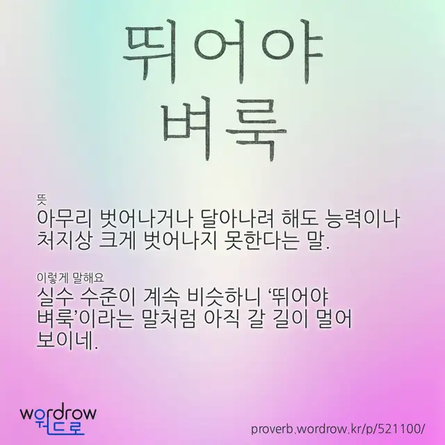 “뛰어야 벼룩” 글씨와 뜻·예문이 완성된 속담 영상 포스터