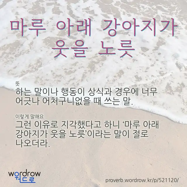 “마루 아래 강아지가 웃을 노릇” 글씨와 뜻·예문이 완성된 속담 영상 포스터