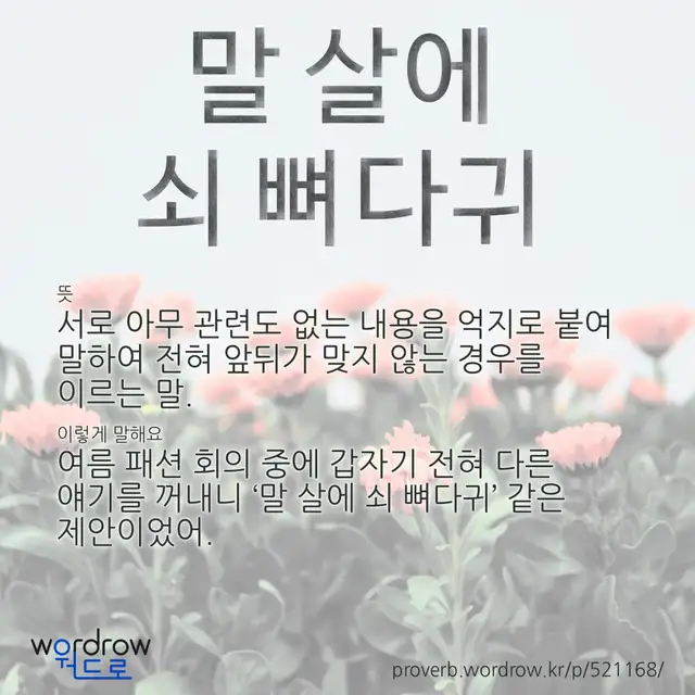 “말 살에 쇠 뼈다귀” 글씨와 뜻·예문이 완성된 속담 영상 포스터