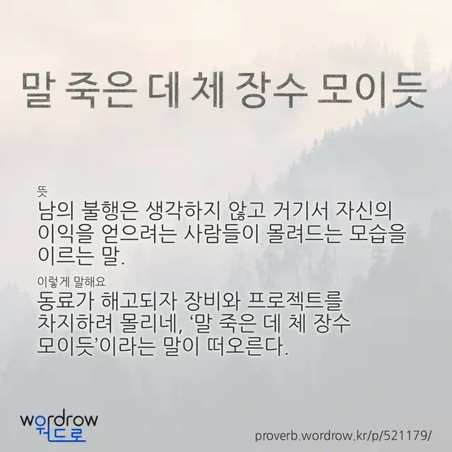 “말 죽은 데 체 장수 모이듯” 글씨와 뜻·예문이 완성된 속담 영상 포스터