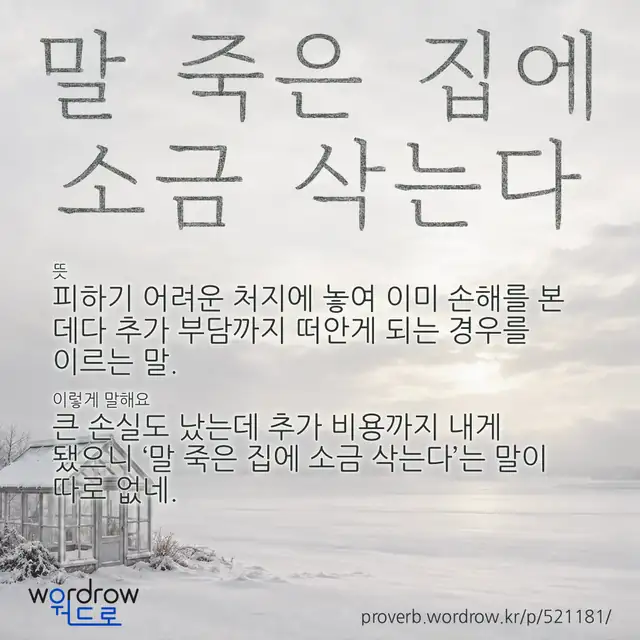 “말 죽은 집에 소금 삭는다” 글씨와 뜻·예문이 완성된 속담 영상 포스터