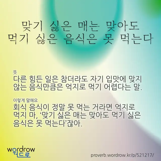 “맞기 싫은 매는 맞아도 먹기 싫은 음식은 못 먹는다” 글씨와 뜻·예문이 완성된 속담 영상 포스터