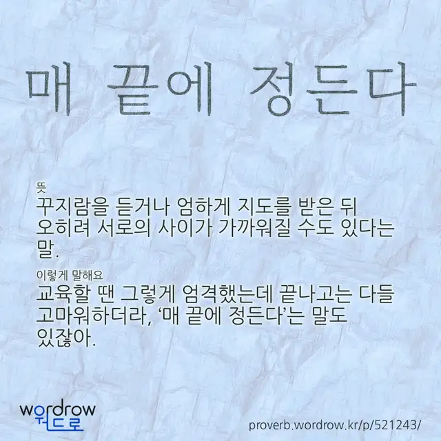 “매 끝에 정든다” 글씨와 뜻·예문이 완성된 속담 영상 포스터