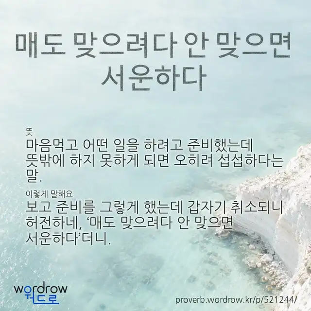 “매도 맞으려다 안 맞으면 서운하다” 글씨와 뜻·예문이 완성된 속담 영상 포스터