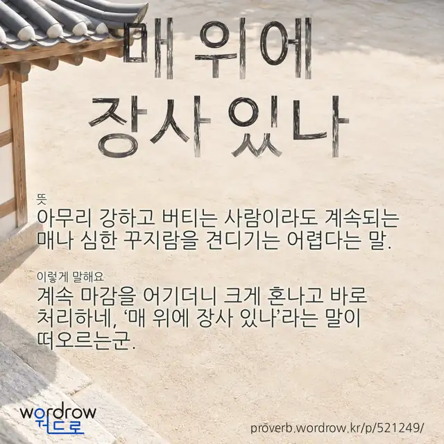 “매 위에 장사 있나” 글씨와 뜻·예문이 완성된 속담 영상 포스터