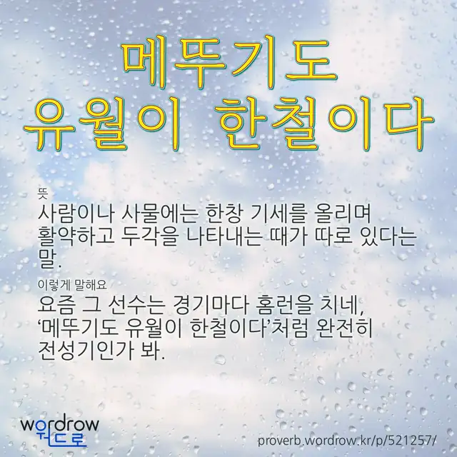 “메뚜기도 유월이 한철이다” 글씨와 뜻·예문이 완성된 속담 영상 포스터