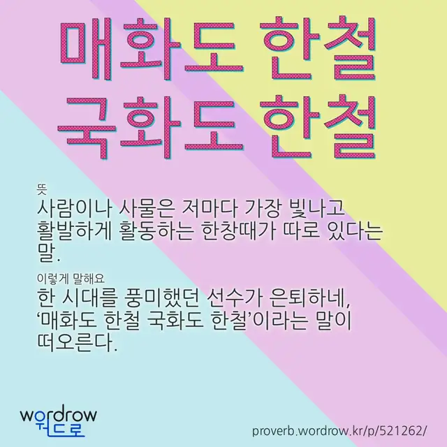 “매화도 한철 국화도 한철” 글씨와 뜻·예문이 완성된 속담 영상 포스터