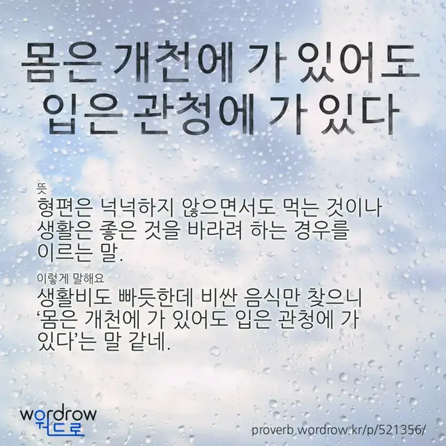 “몸은 개천에 가 있어도 입은 관청에 가 있다” 글씨와 뜻·예문이 완성된 속담 영상 포스터