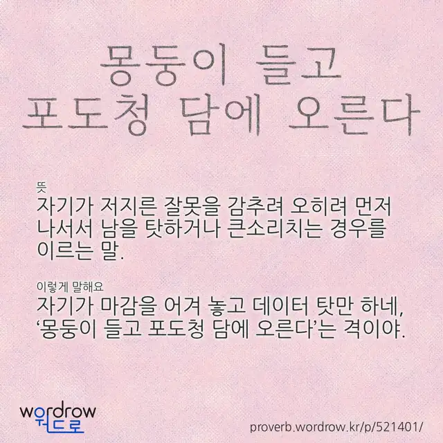 “몽둥이 들고 포도청 담에 오른다” 글씨와 뜻·예문이 완성된 속담 영상 포스터