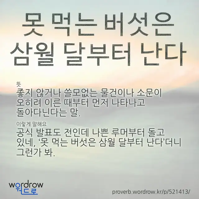 “못 먹는 버섯은 삼월 달부터 난다” 글씨와 뜻·예문이 완성된 속담 영상 포스터
