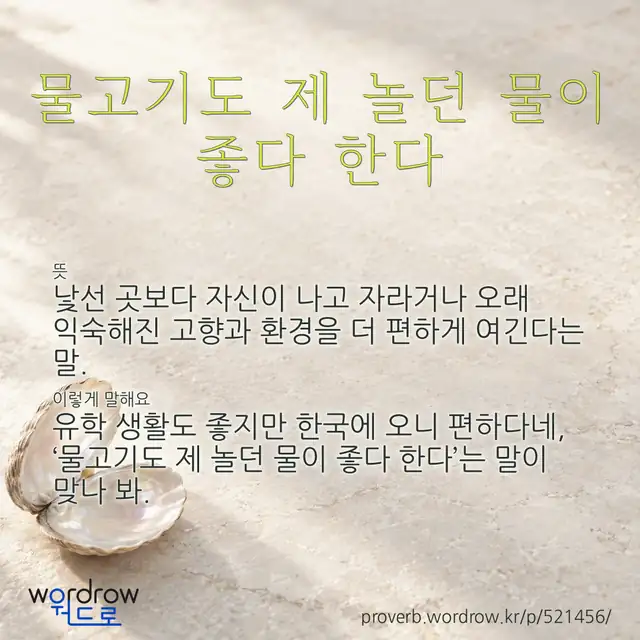 “물고기도 제 놀던 물이 좋다 한다” 글씨와 뜻·예문이 완성된 속담 영상 포스터