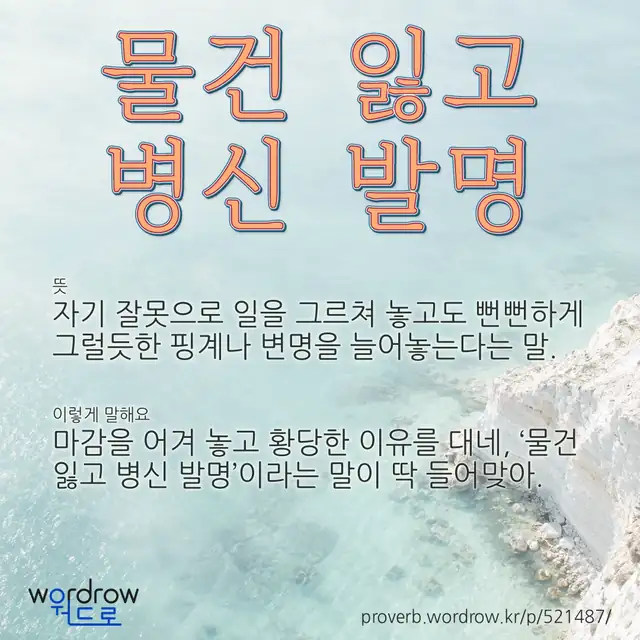 “물건 잃고 병신 발명” 글씨와 뜻·예문이 완성된 속담 영상 포스터
