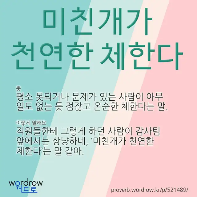 “미친개가 천연한 체한다” 글씨와 뜻·예문이 완성된 속담 영상 포스터