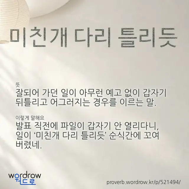 “미친개 다리 틀리듯” 글씨와 뜻·예문이 완성된 속담 영상 포스터