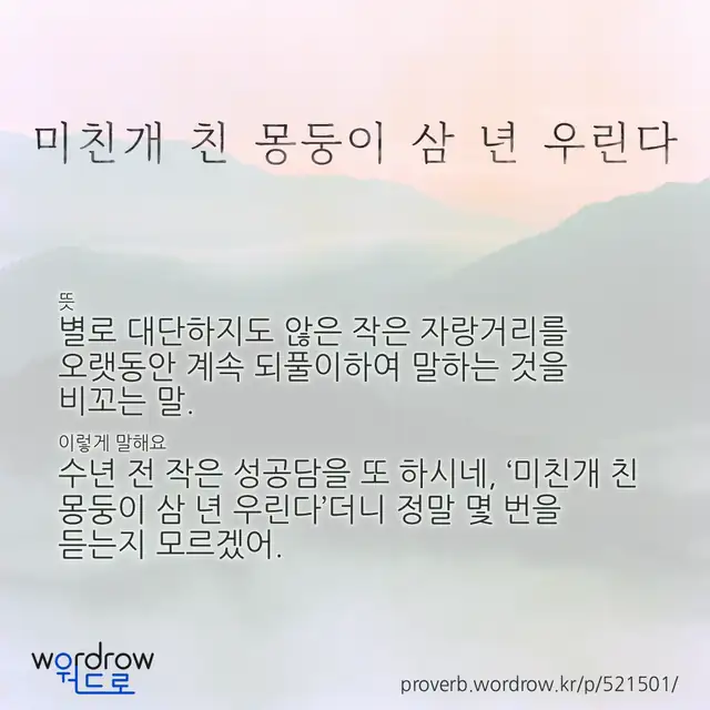 “미친개 친 몽둥이 삼 년 우린다” 글씨와 뜻·예문이 완성된 속담 영상 포스터