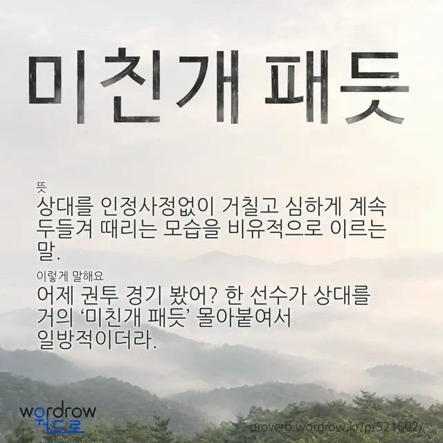 “미친개 패듯” 글씨와 뜻·예문이 완성된 속담 영상 포스터