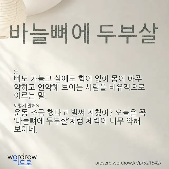 “바늘뼈에 두부살” 글씨와 뜻·예문이 완성된 속담 영상 포스터