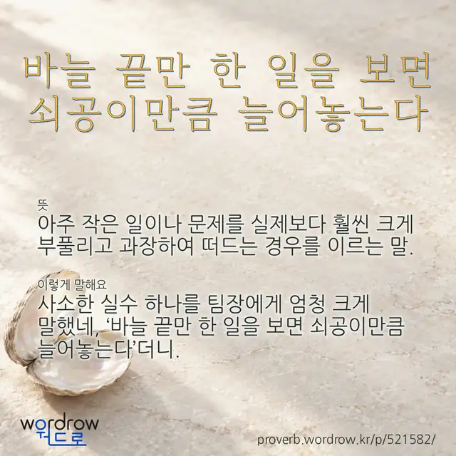 “바늘 끝만 한 일을 보면 쇠공이만큼 늘어놓는다” 글씨와 뜻·예문이 완성된 속담 영상 포스터