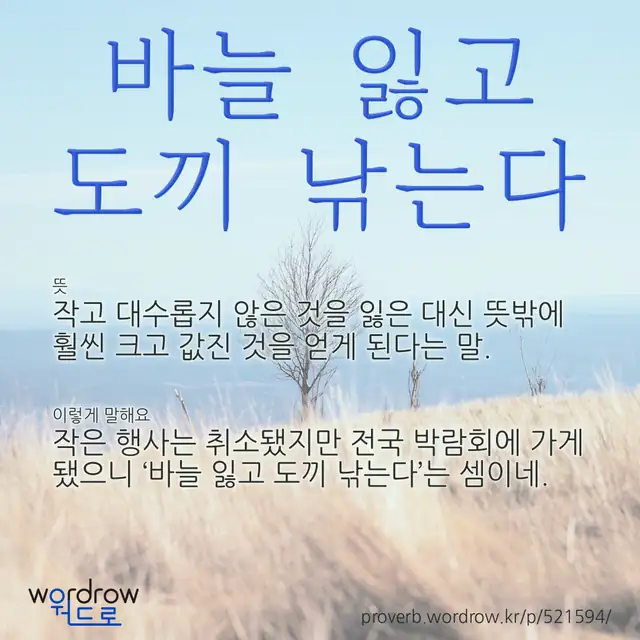 “바늘 잃고 도끼 낚는다” 글씨와 뜻·예문이 완성된 속담 영상 포스터