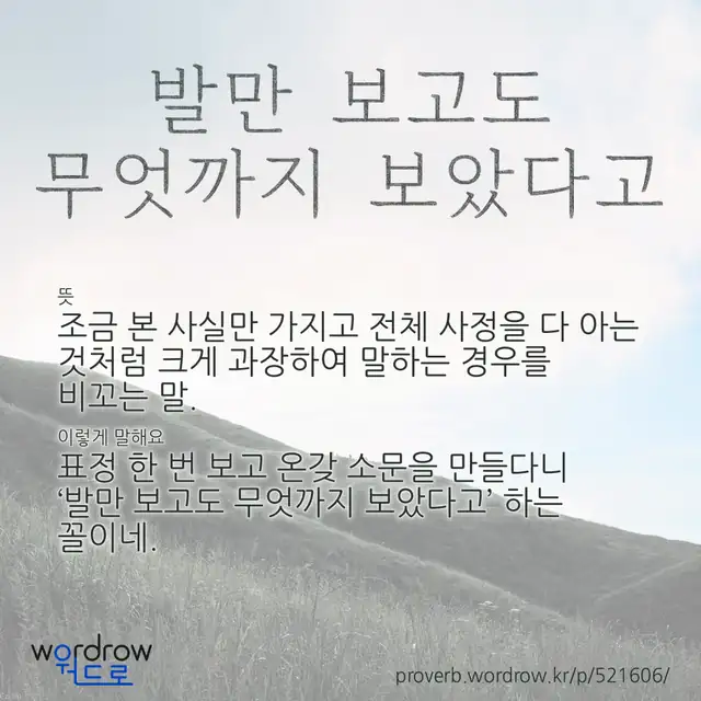 “발만 보고도 무엇까지 보았다고” 글씨와 뜻·예문이 완성된 속담 영상 포스터