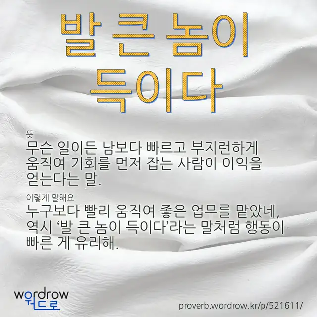 “발 큰 놈이 득이다” 글씨와 뜻·예문이 완성된 속담 영상 포스터