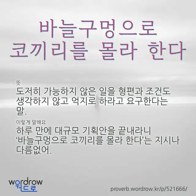 “바늘구멍으로 코끼리를 몰라 한다” 글씨와 뜻·예문이 완성된 속담 영상 포스터