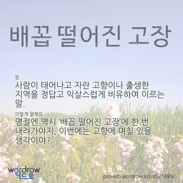 “배꼽 떨어진 고장” 글씨와 뜻·예문이 완성된 속담 영상 포스터