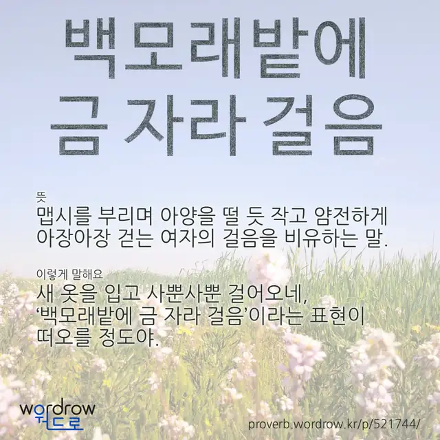 “백모래밭에 금 자라 걸음” 글씨와 뜻·예문이 완성된 속담 영상 포스터