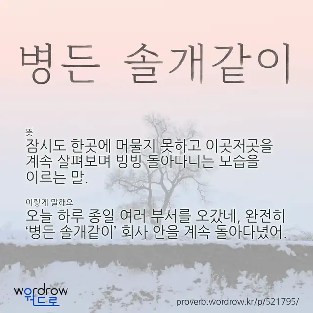 “병든 솔개같이” 글씨와 뜻·예문이 완성된 속담 영상 포스터