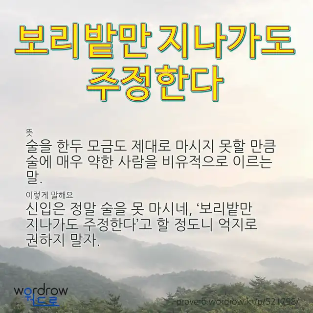 “보리밭만 지나가도 주정한다” 글씨와 뜻·예문이 완성된 속담 영상 포스터