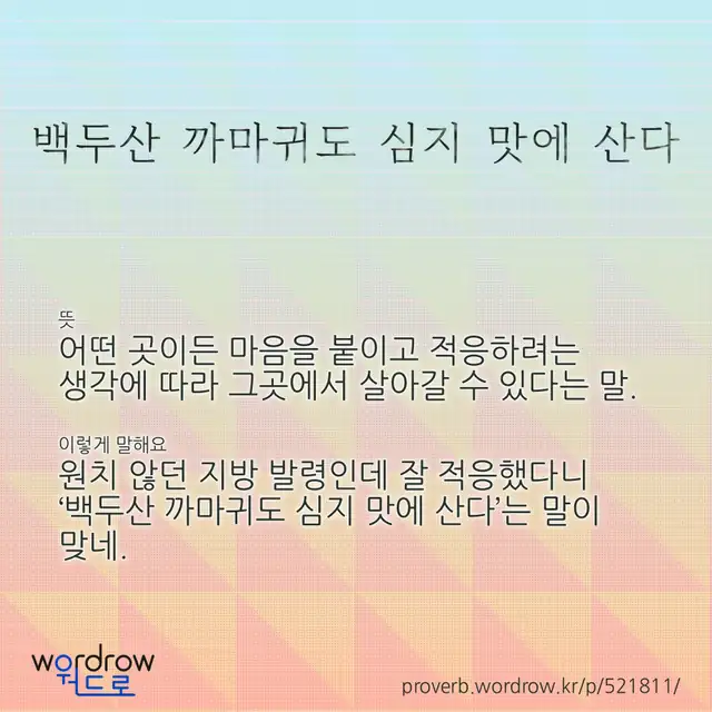 “백두산 까마귀도 심지 맛에 산다” 글씨와 뜻·예문이 완성된 속담 영상 포스터