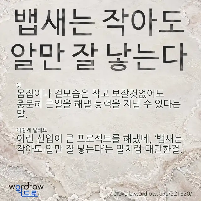 “뱁새는 작아도 알만 잘 낳는다” 글씨와 뜻·예문이 완성된 속담 영상 포스터