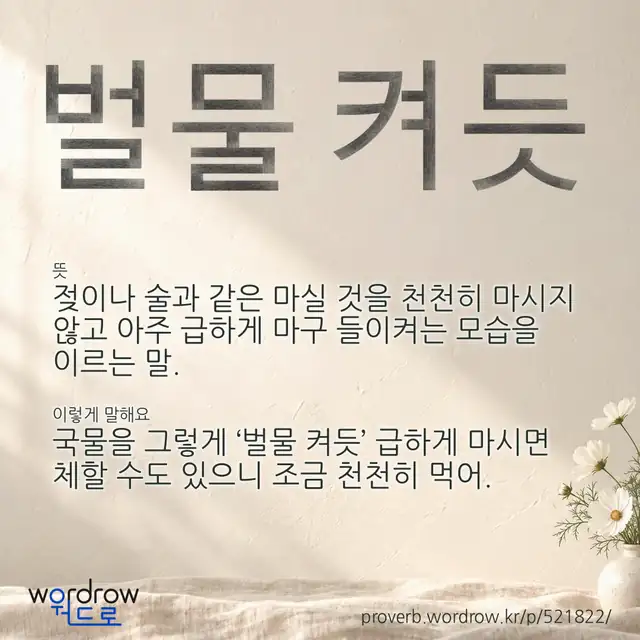“벌물 켜듯” 글씨와 뜻·예문이 완성된 속담 영상 포스터