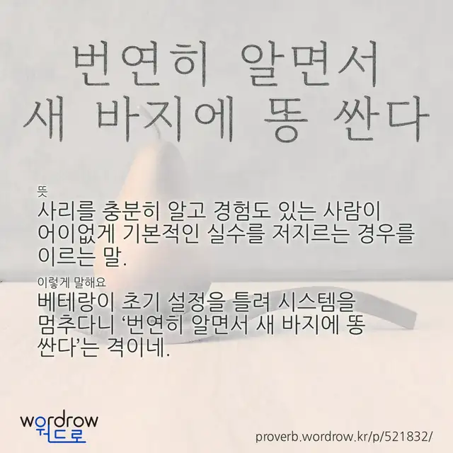 “번연히 알면서 새 바지에 똥 싼다” 글씨와 뜻·예문이 완성된 속담 영상 포스터