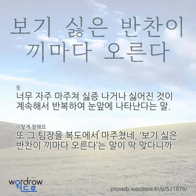 “보기 싫은 반찬이 끼마다 오른다” 글씨와 뜻·예문이 완성된 속담 영상 포스터