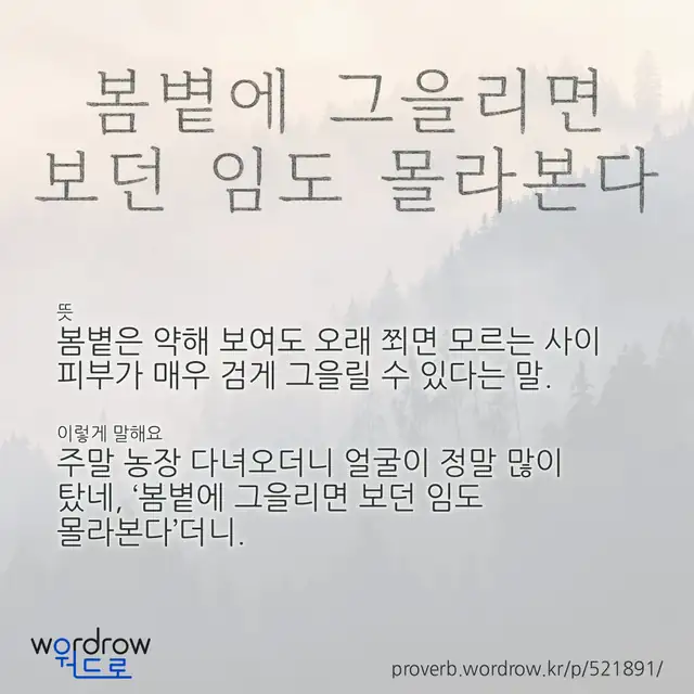 “봄볕에 그을리면 보던 임도 몰라본다” 글씨와 뜻·예문이 완성된 속담 영상 포스터