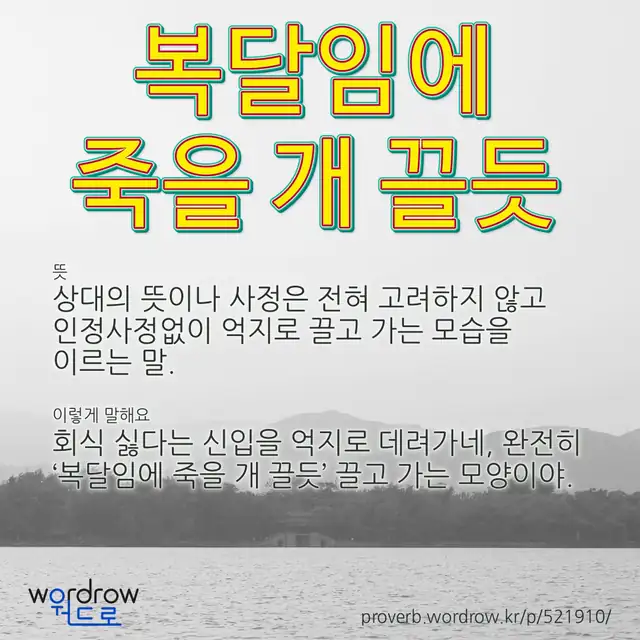 “복달임에 죽을 개 끌듯” 글씨와 뜻·예문이 완성된 속담 영상 포스터