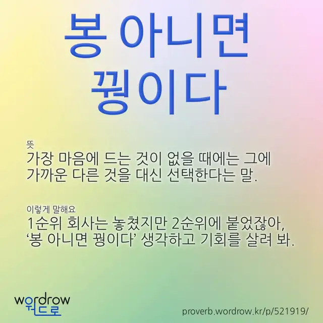 “봉 아니면 꿩이다” 글씨와 뜻·예문이 완성된 속담 영상 포스터