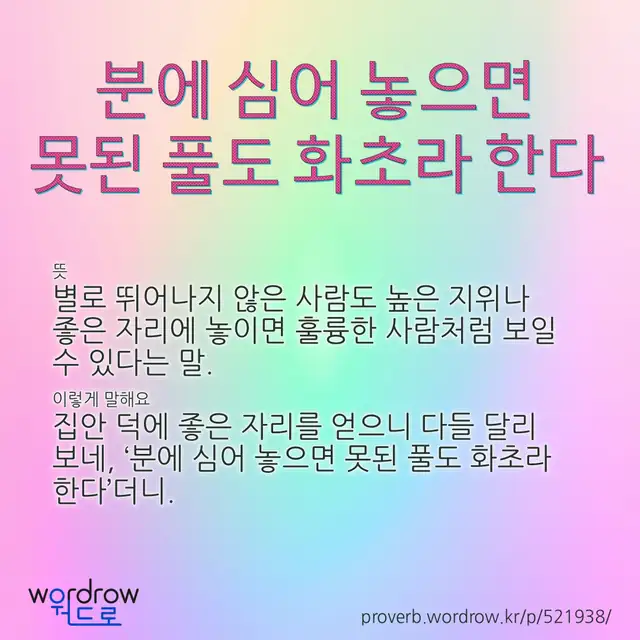 “분에 심어 놓으면 못된 풀도 화초라 한다” 글씨와 뜻·예문이 완성된 속담 영상 포스터