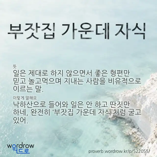 “부잣집 가운데 자식” 글씨와 뜻·예문이 완성된 속담 영상 포스터