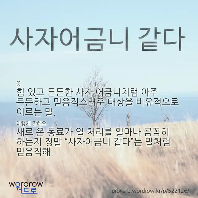 “사자어금니 같다” 글씨와 뜻·예문이 완성된 속담 영상 포스터